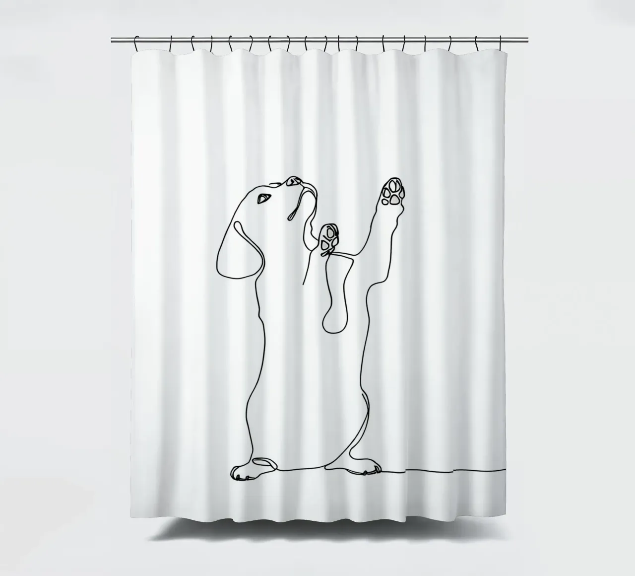 Minimalistische Strichzeichnung eines tanzenden Dackels | Modern Abst Duschvorhang von Viv Line Art