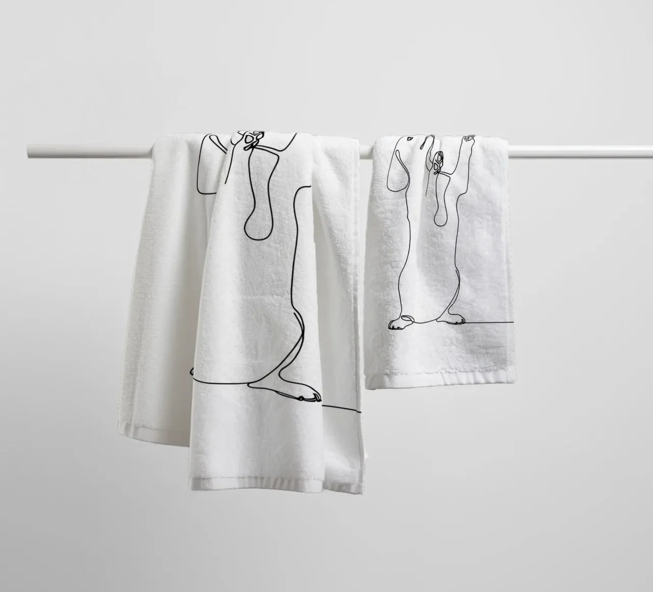Dessin minimaliste d'un teckel dansant | Modern Abst serviette de bain de Viv Line Art