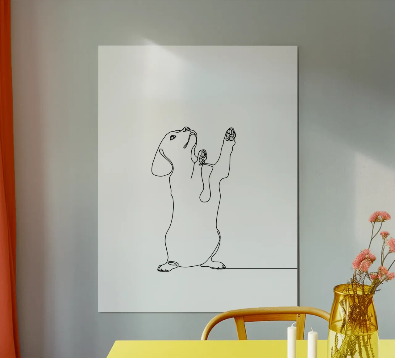 Dessin minimaliste d'un teckel dansant | Modern Abst hahnemühle de Viv Line Art