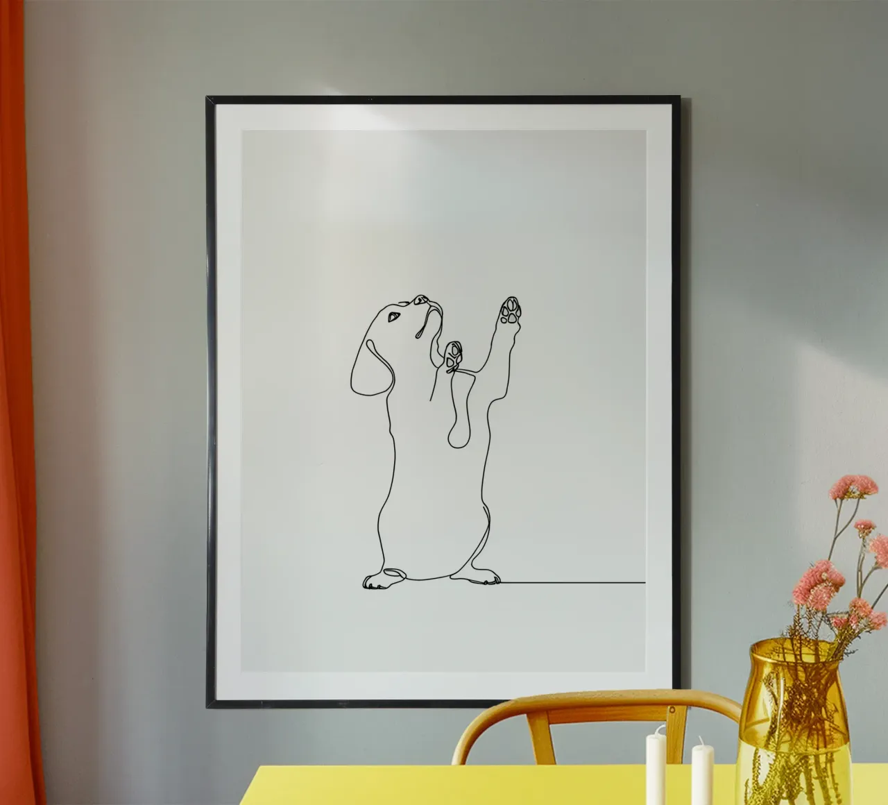 Dessin minimaliste d'un teckel dansant | Modern Abst hahnemühle de Viv Line Art