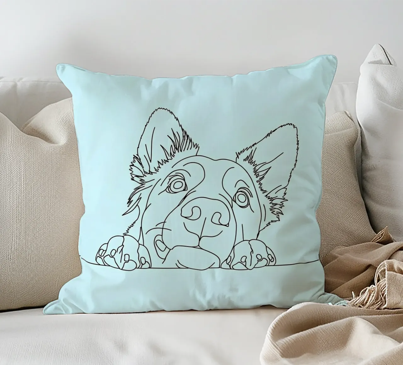 Minimalist Line Drawing of a Sneaking Dog | Modern Abstract decorative cushion by Viv Line Art