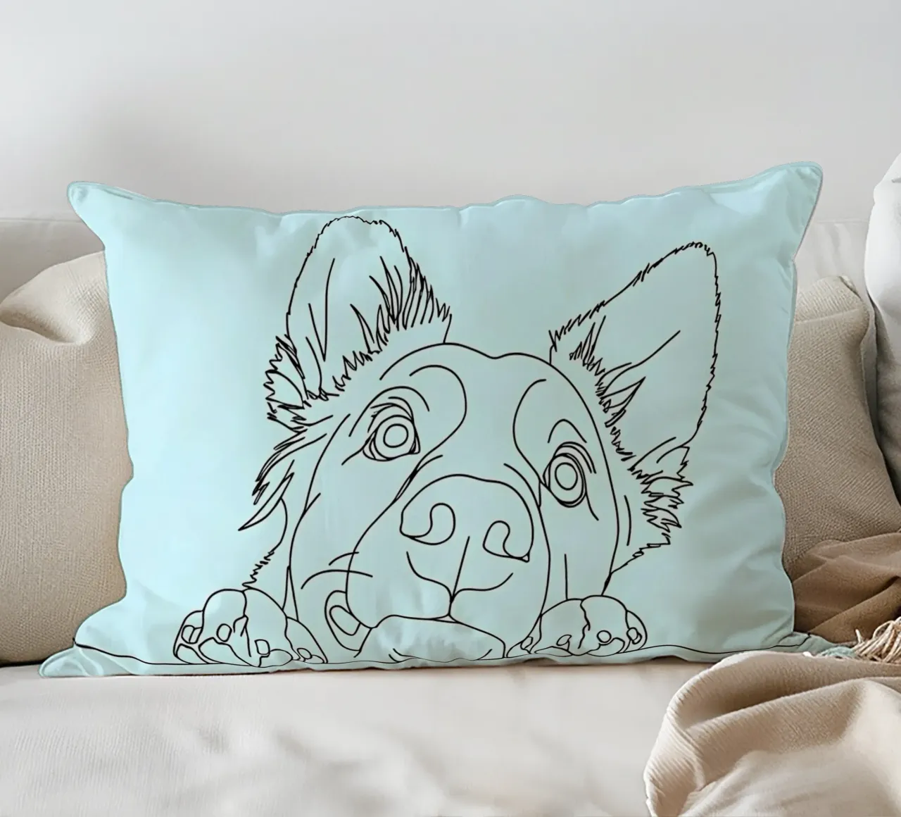 Minimalist Line Drawing of a Sneaking Dog | Modern Abstract decorative cushion by Viv Line Art