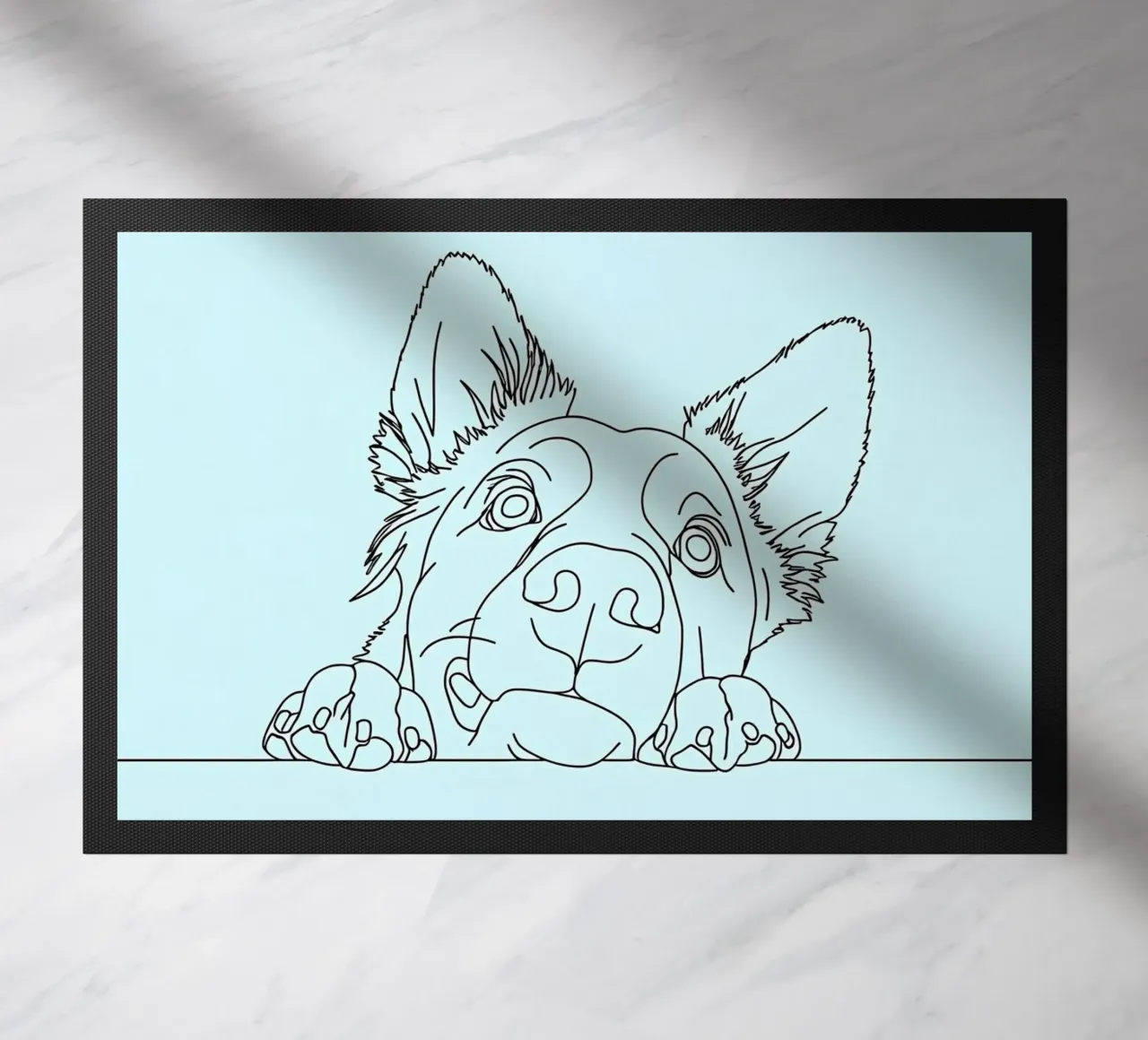 Dessin au trait minimaliste d'un chien qui se faufile | Abstrait moderne paillasson de Viv Line Art