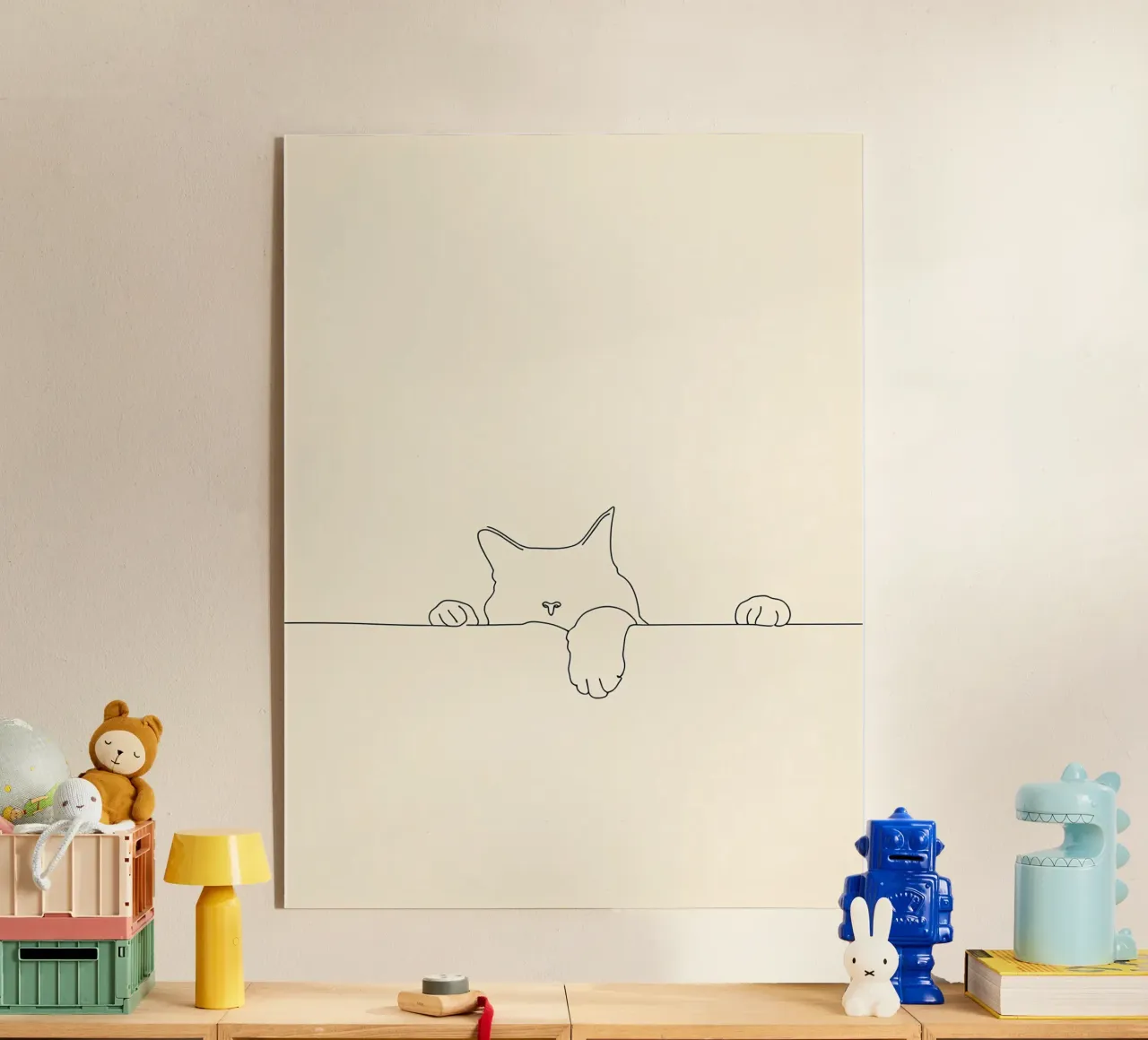 Minimalistische Strichzeichnung einer Katze an der Wand | Moderne Kunst Acryl-Glas von Viv Line Art
