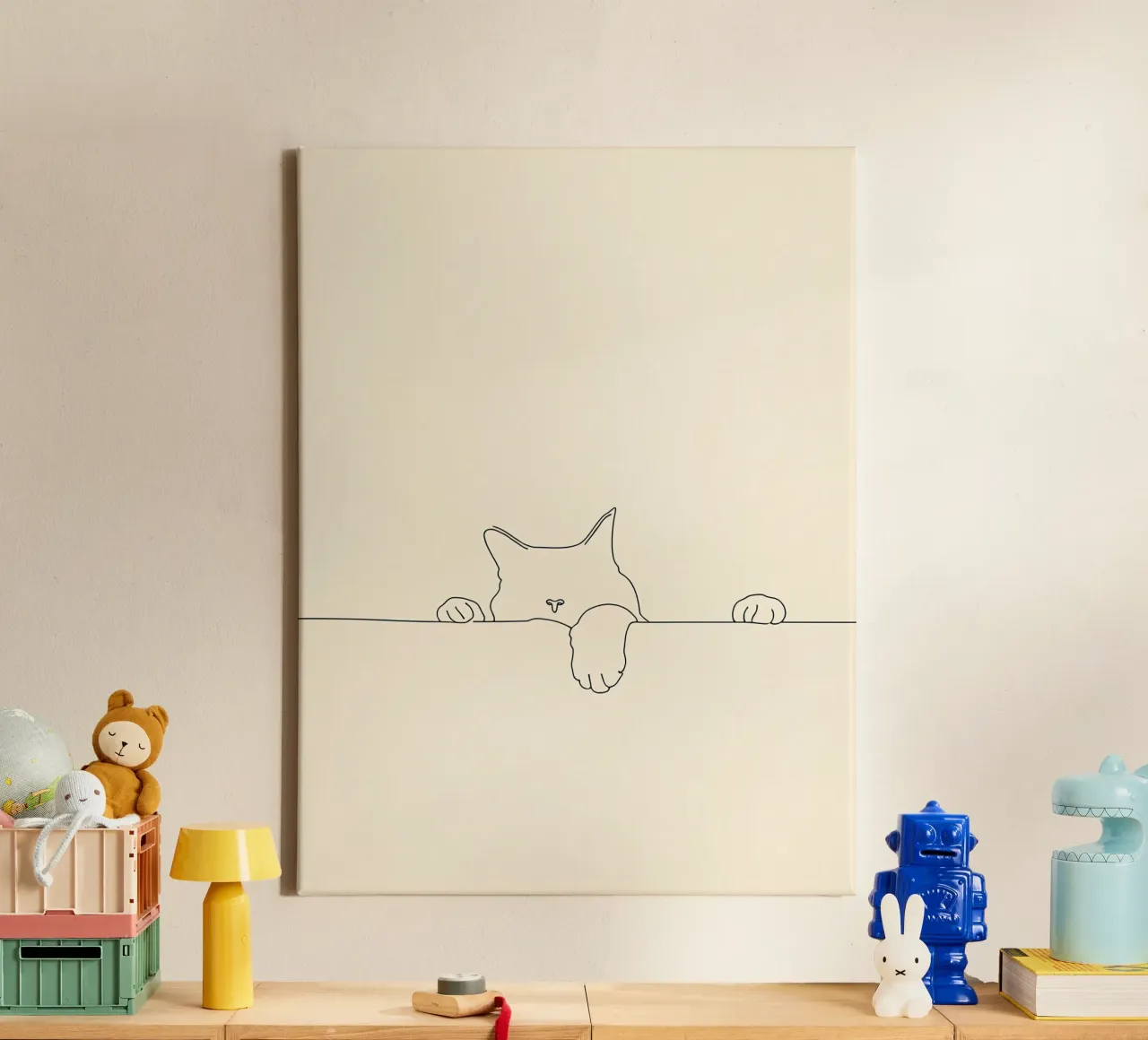 Minimalist Line Drawing of a Cat on the Wall | Modern Art canvas by Viv Line Art