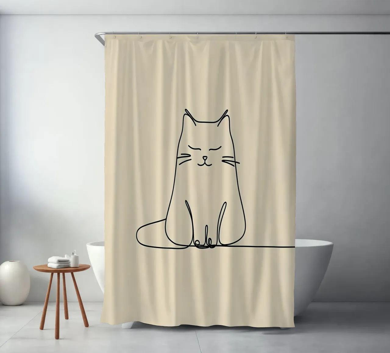 Dessin au trait minimaliste d'un chat assis paisiblement | Moderne rideau de douche de Viv Line Art