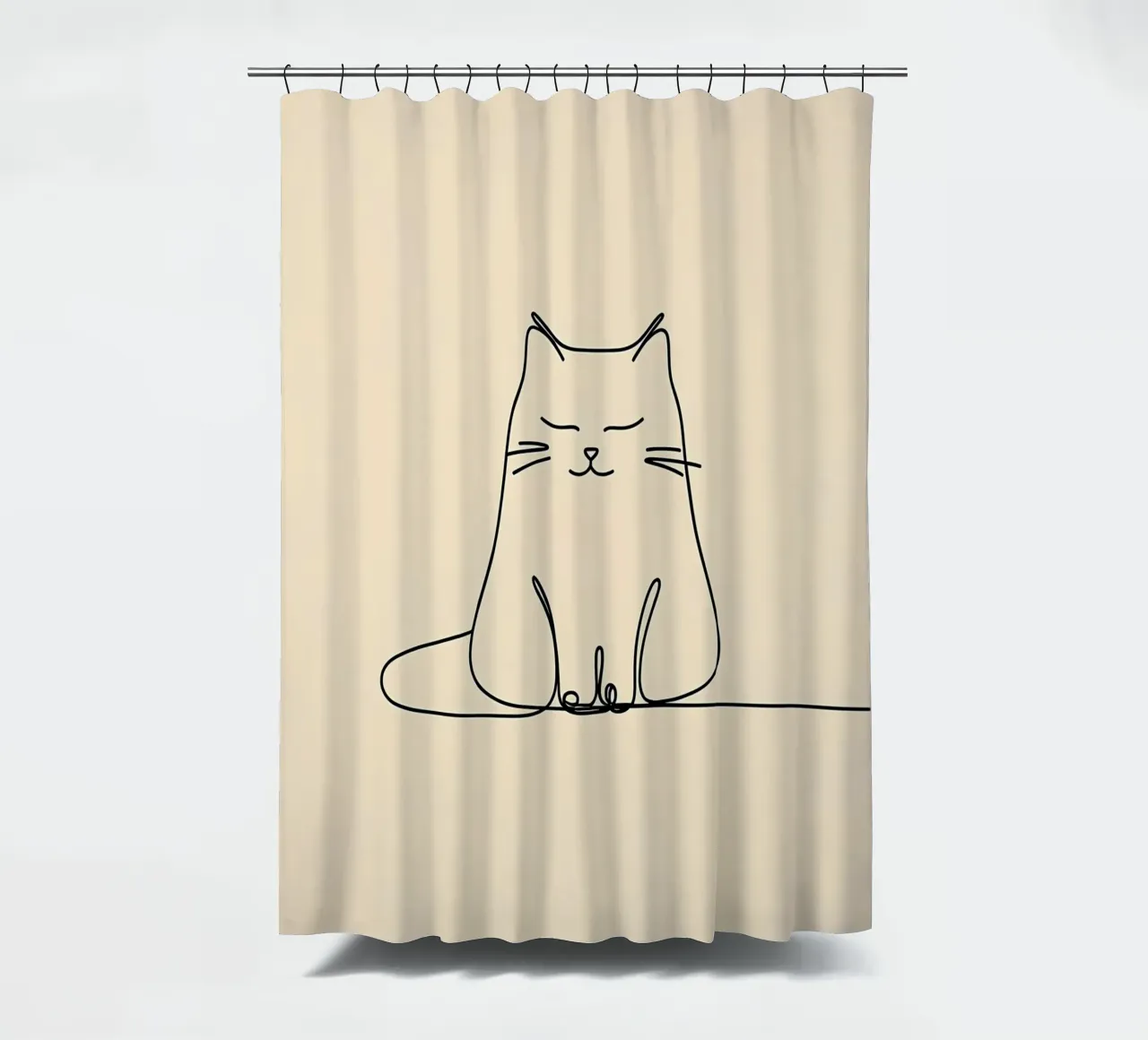Dessin au trait minimaliste d'un chat assis paisiblement | Moderne rideau de douche de Viv Line Art