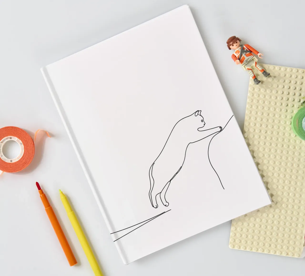 Minimalist Line Drawing of a Kitty Cat Leaping | Modern Abst notebook by Viv Line Art
