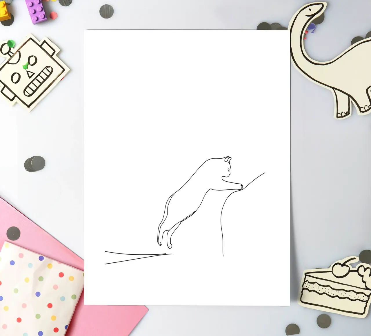 Minimalist Line Drawing of a Kitty Cat Leaping | Modern Abst sticker sheet by Viv Line Art