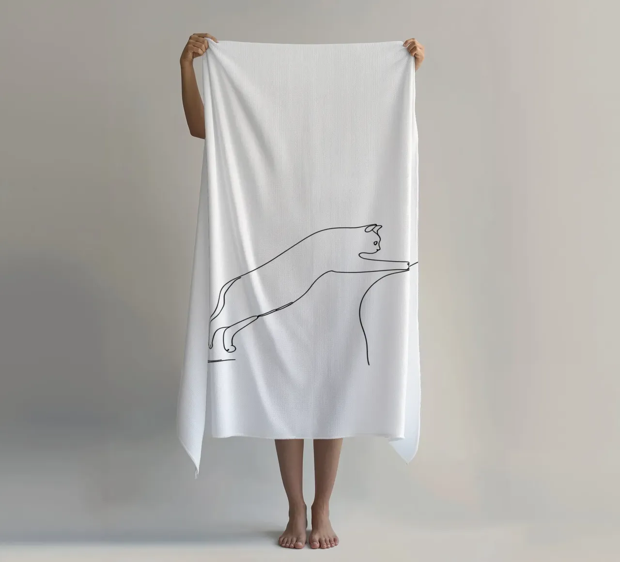 Disegno lineare minimalista di un gattino che salta | Modern Abst telo mare da Viv Line Art