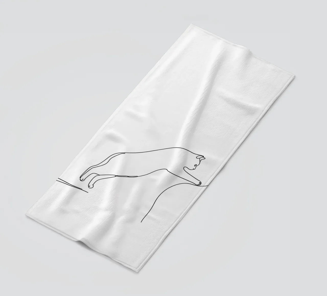 Disegno lineare minimalista di un gattino che salta | Modern Abst telo mare da Viv Line Art