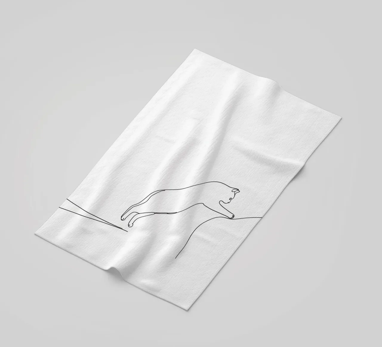 Disegno lineare minimalista di un gattino che salta | Modern Abst telo mare da Viv Line Art