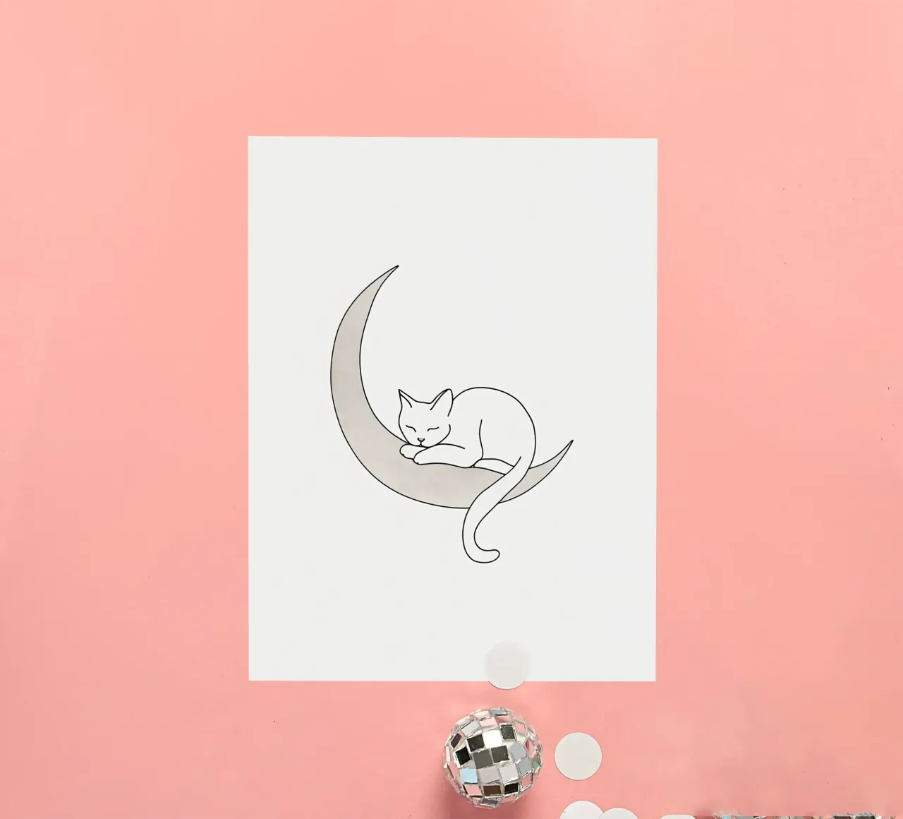 Minimalist Line Drawing of a Cat Sleeping on the Moon sticker by Viv Line Art