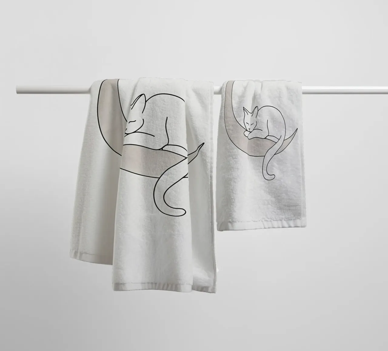 Minimalist Line Drawing of a Cat Sleeping on the Moon towel by Viv Line Art