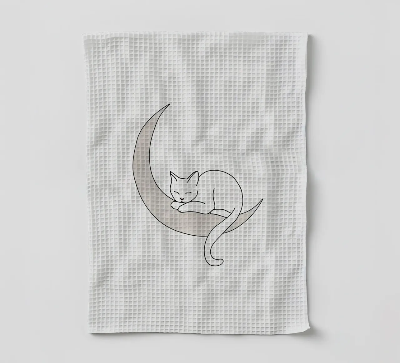 Dessin minimaliste d'un chat dormant sur la lune torchon de Viv Line Art