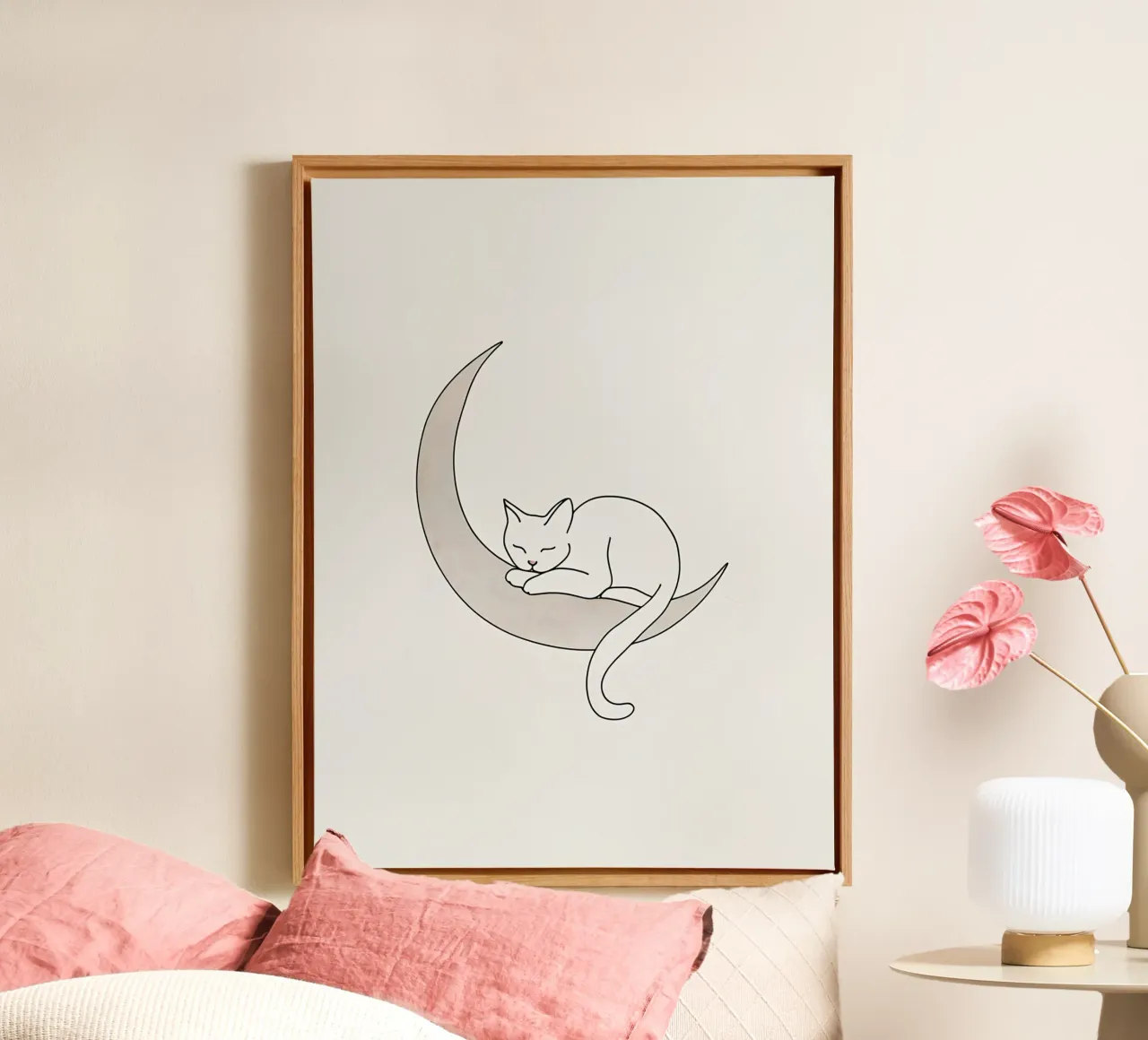Minimalist Line Drawing of a Cat Sleeping on the Moon canvas by Viv Line Art
