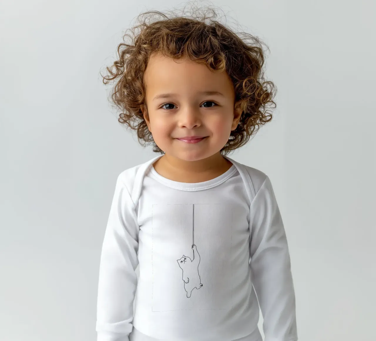 Minimalist Line Drawing of a Cat Hanging on a String | Moder long-sleeve baby romper by Viv Line Art