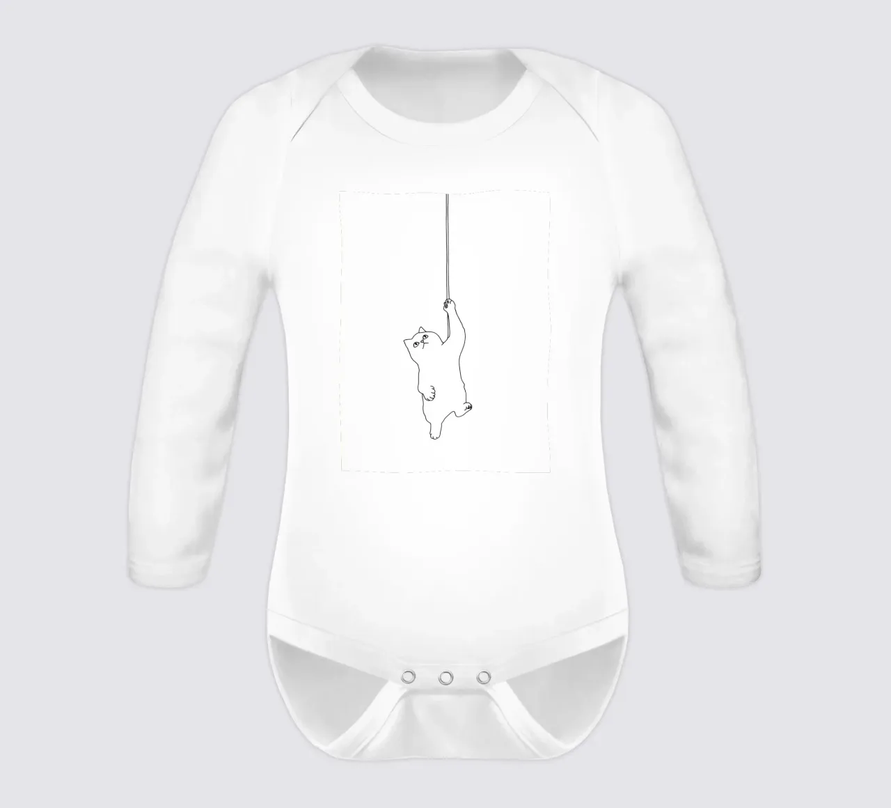 Minimalist Line Drawing of a Cat Hanging on a String | Moder long-sleeve baby romper by Viv Line Art
