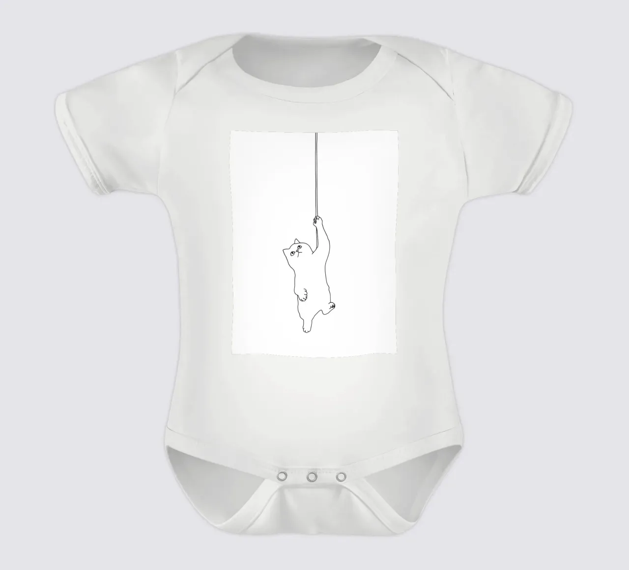 Minimalist Line Drawing of a Cat Hanging on a String | Moder short-sleeve baby romper by Viv Line Art