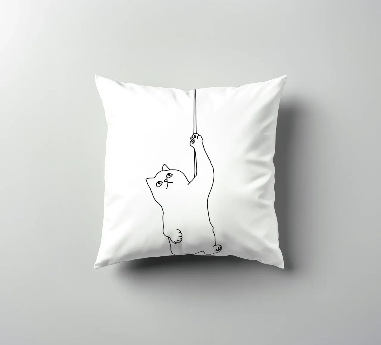 Minimalist Line Drawing of a Cat Hanging on a String | Moder decorative cushion by Viv Line Art