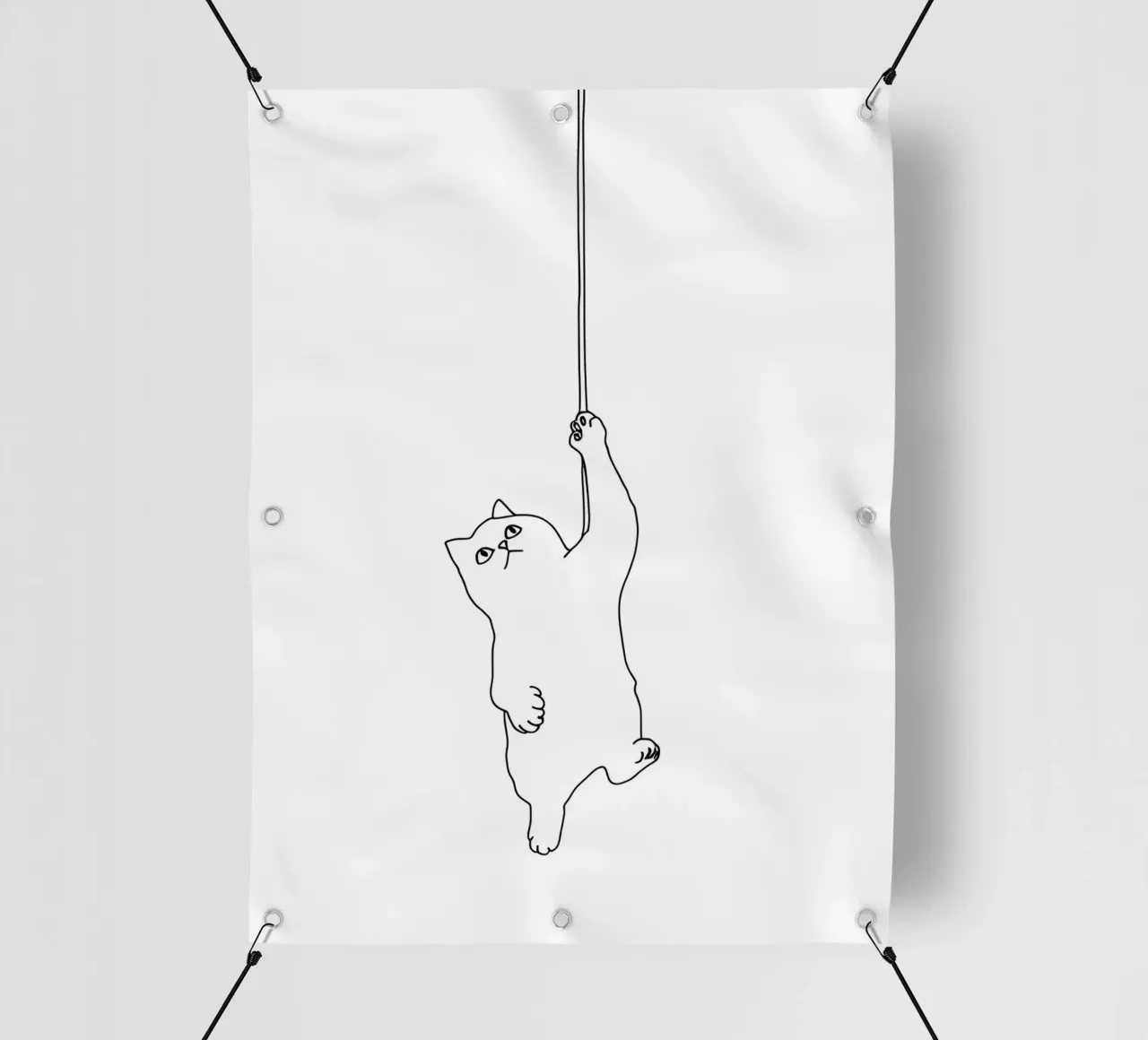 Disegno lineare minimalista di un gatto appeso a una corda | Moder telo in pvc da Viv Line Art