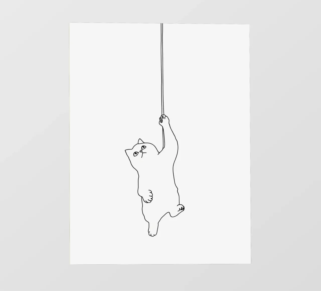 Disegno lineare minimalista di un gatto appeso a una corda | Moder telo in pvc da Viv Line Art