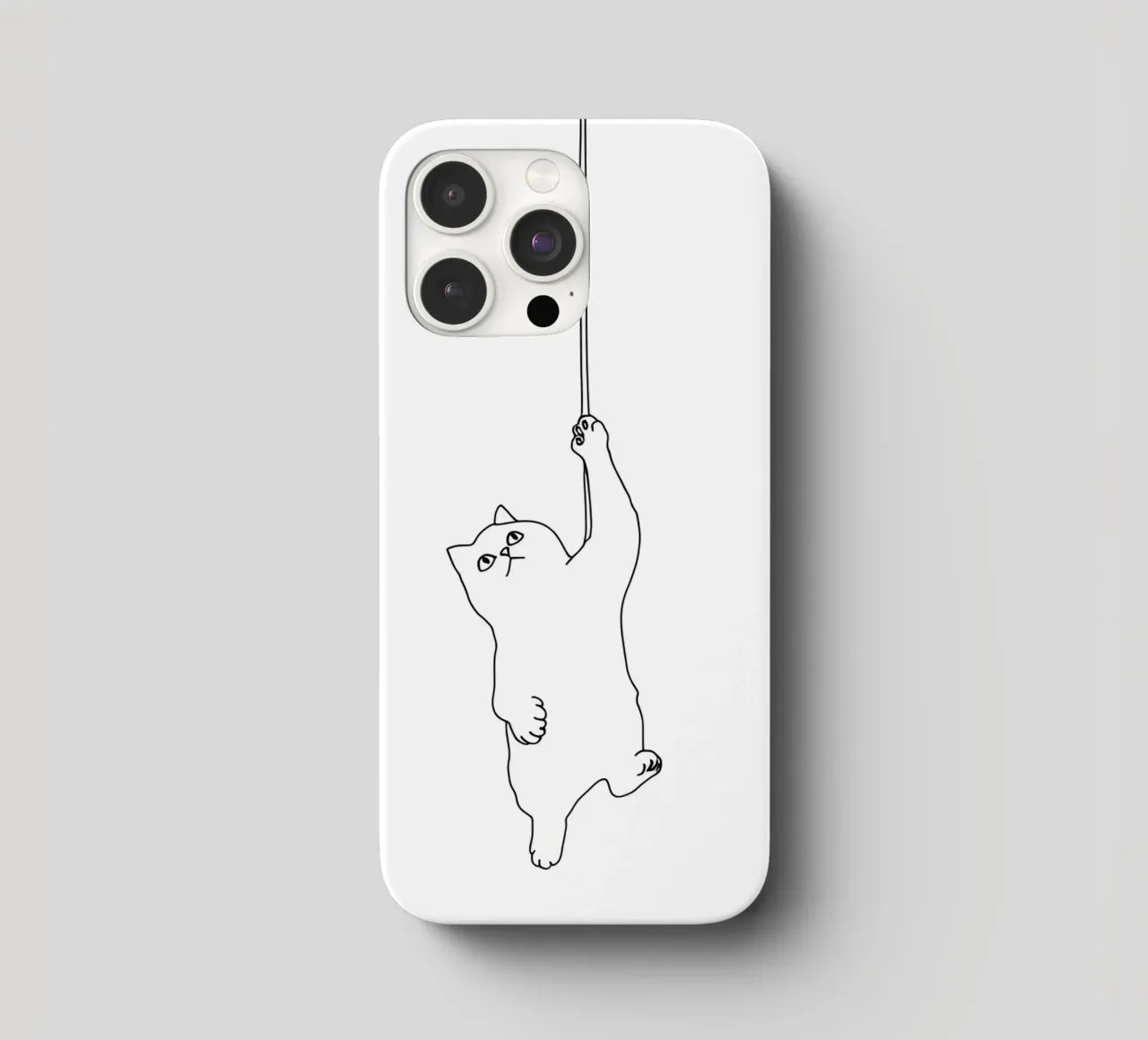 Minimalistische Strichzeichnung einer Katze, die an einer Schnur hängt | Moder iPhone Hülle von Viv Line Art