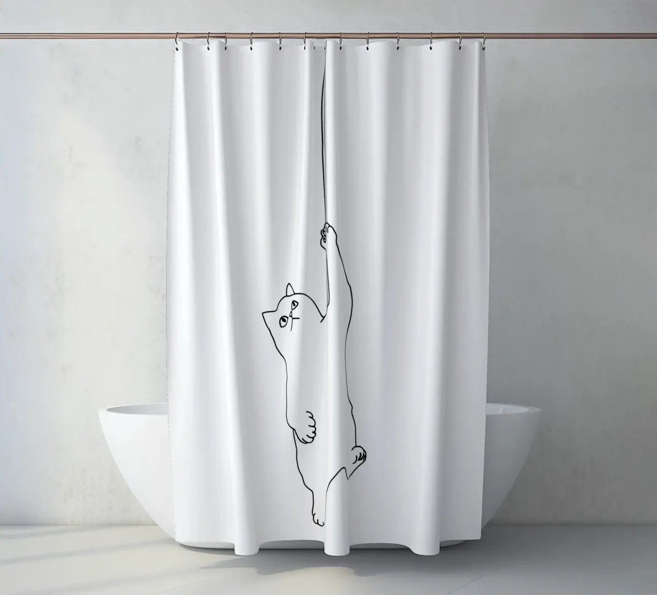 Minimalistische lijntekening van een kat hangend aan een touwtje | Moder douchegordijn van Viv Line Art