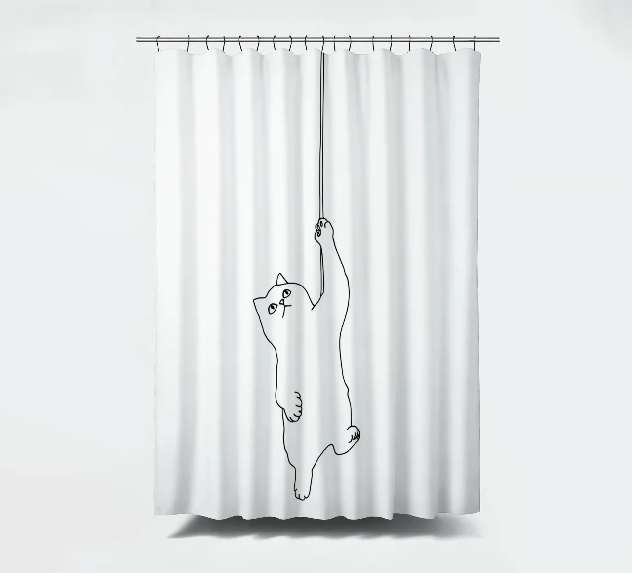 Minimalistische lijntekening van een kat hangend aan een touwtje | Moder douchegordijn van Viv Line Art