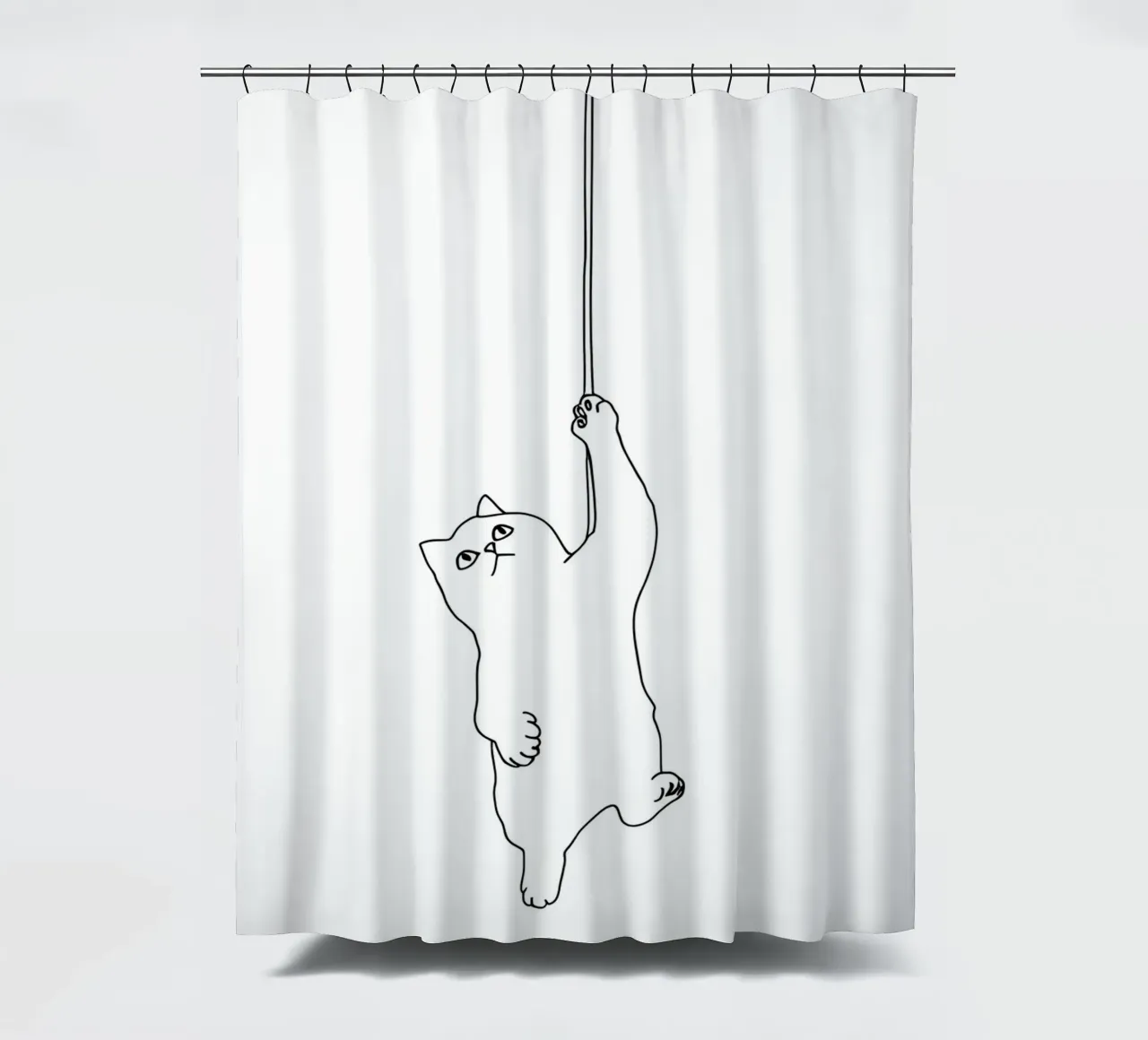 Minimalistische lijntekening van een kat hangend aan een touwtje | Moder douchegordijn van Viv Line Art