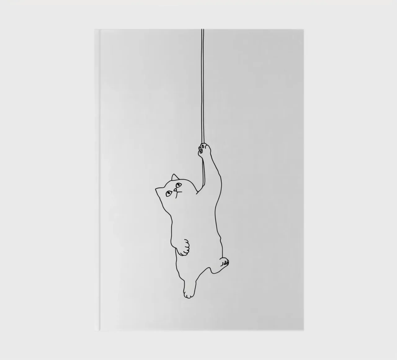 Minimalistische Strichzeichnung einer Katze, die an einer Schnur hängt | Moder Notizbuch von Viv Line Art