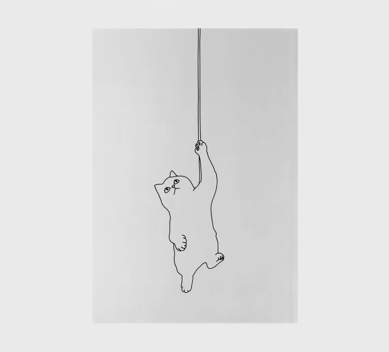 Minimalistische Strichzeichnung einer Katze, die an einer Schnur hängt | Moder Notizbuch von Viv Line Art