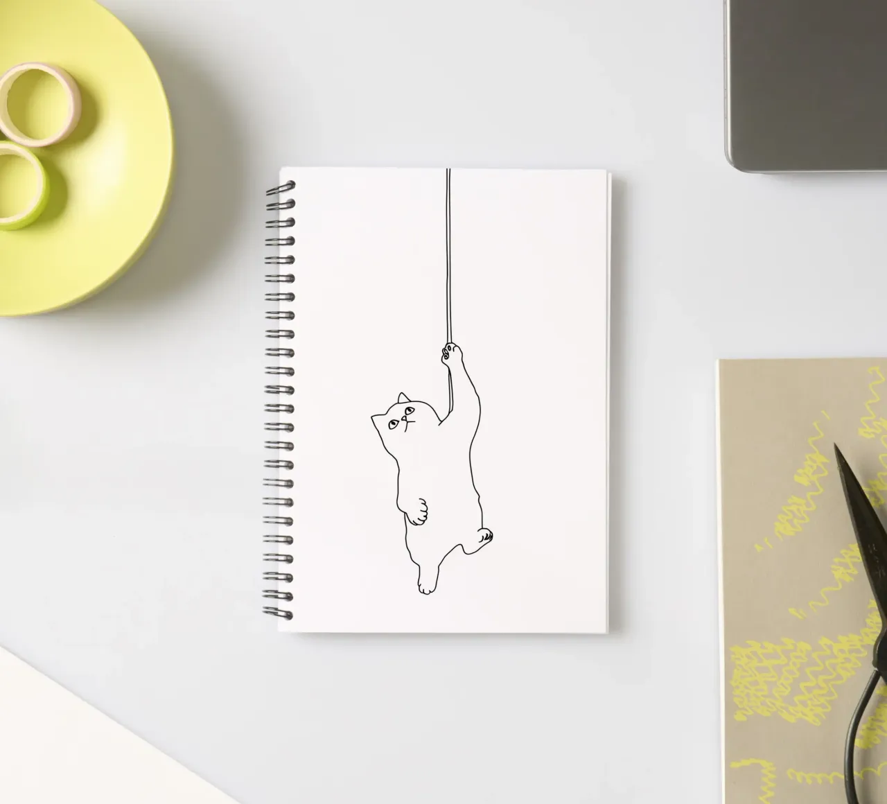 Minimalist Line Drawing of a Cat Hanging on a String | Moder spiral notebook by Viv Line Art