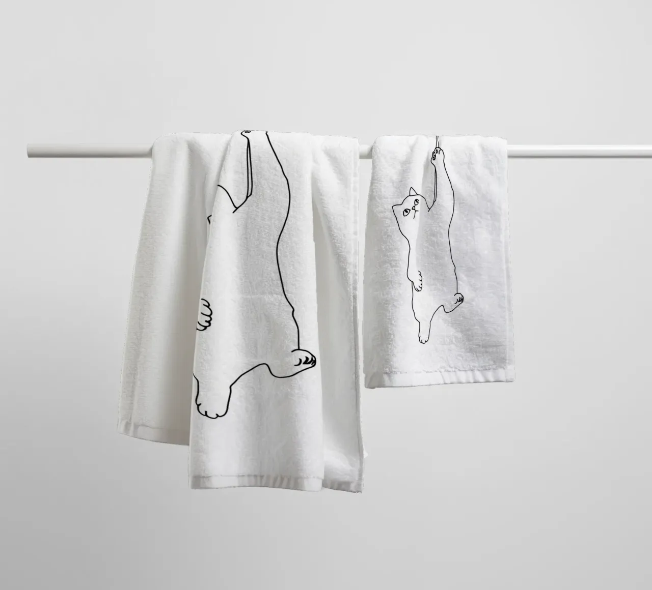 Minimalist Line Drawing of a Cat Hanging on a String | Moder towel by Viv Line Art