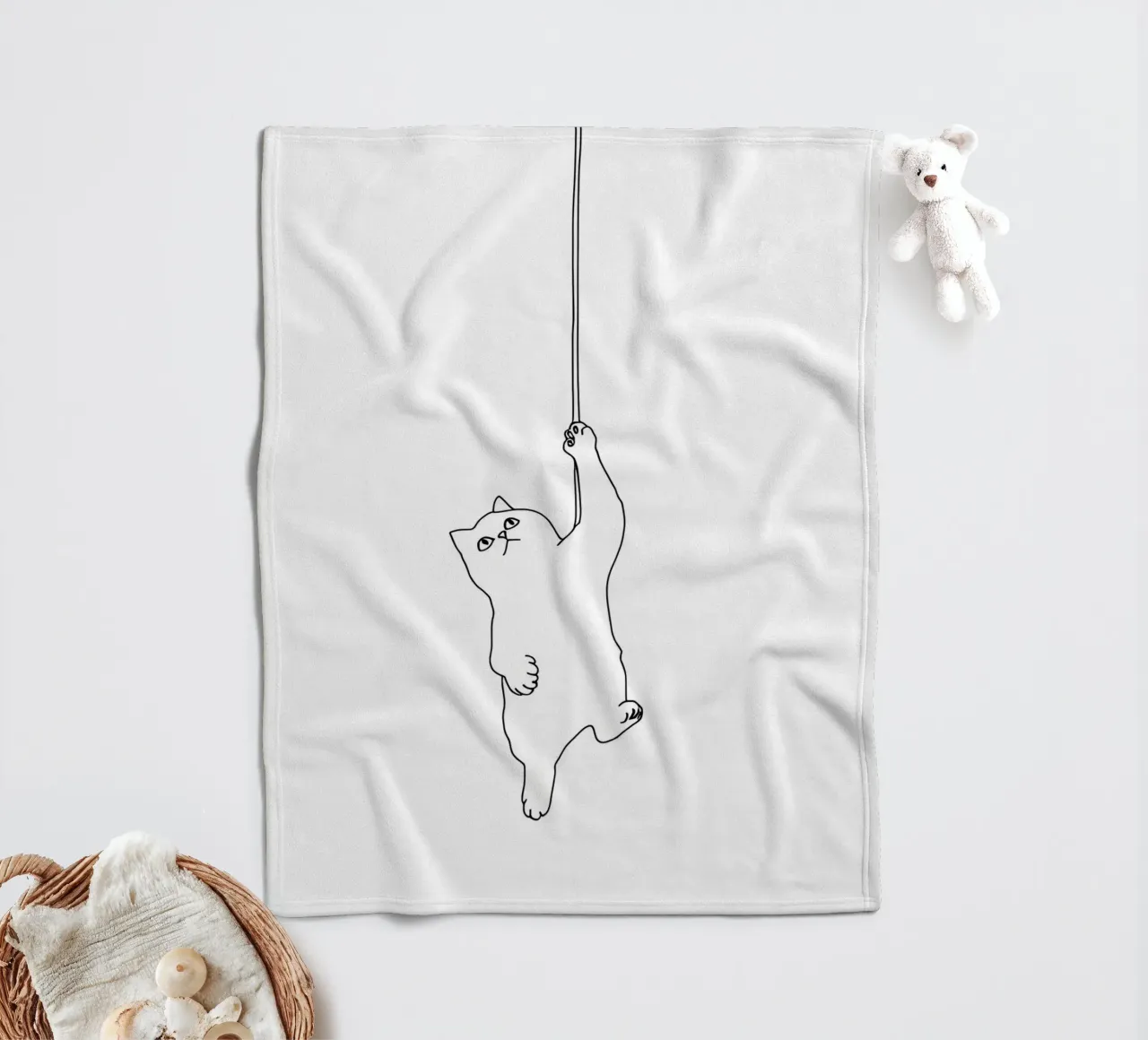 Minimalist Line Drawing of a Cat Hanging on a String | Moder fleece blanket by Viv Line Art