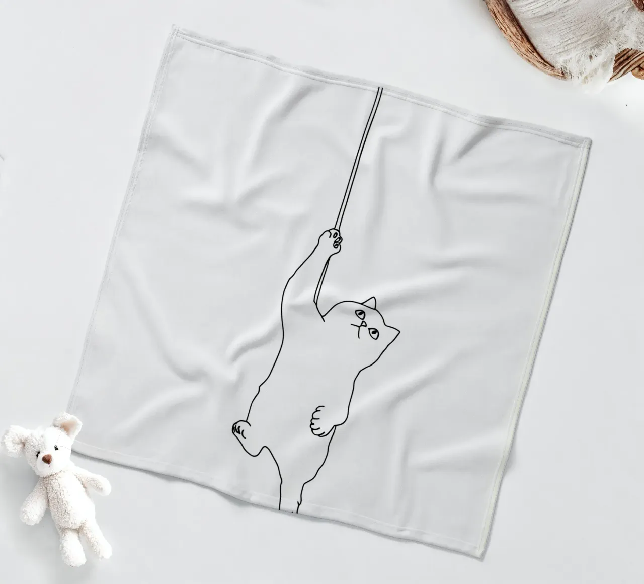 Minimalist Line Drawing of a Cat Hanging on a String | Moder fleece blanket by Viv Line Art