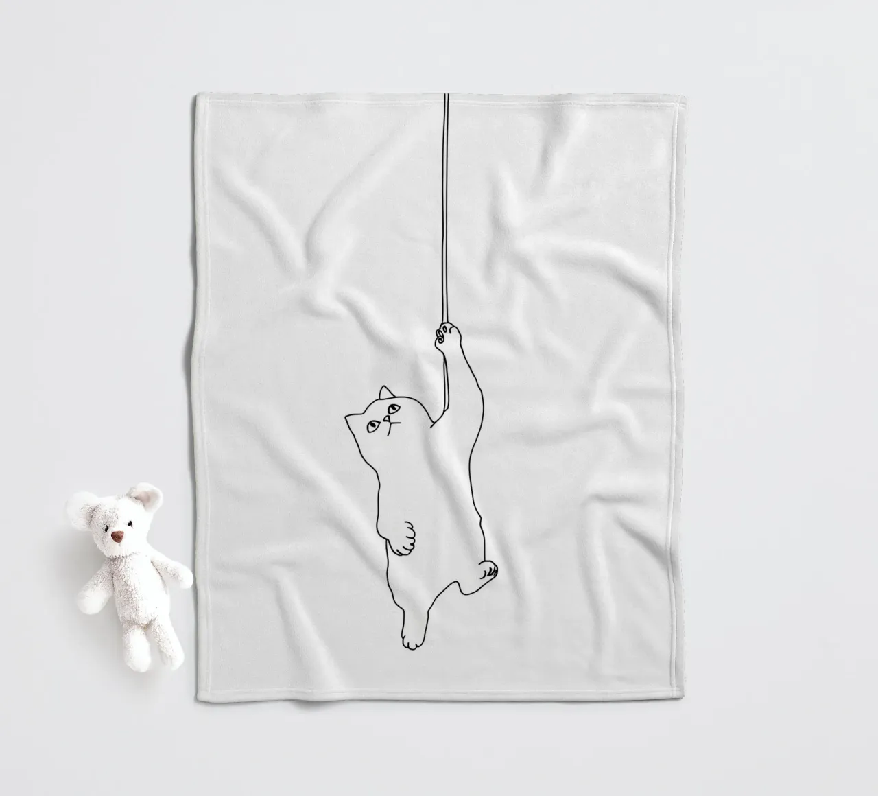 Minimalist Line Drawing of a Cat Hanging on a String | Moder fleece blanket by Viv Line Art