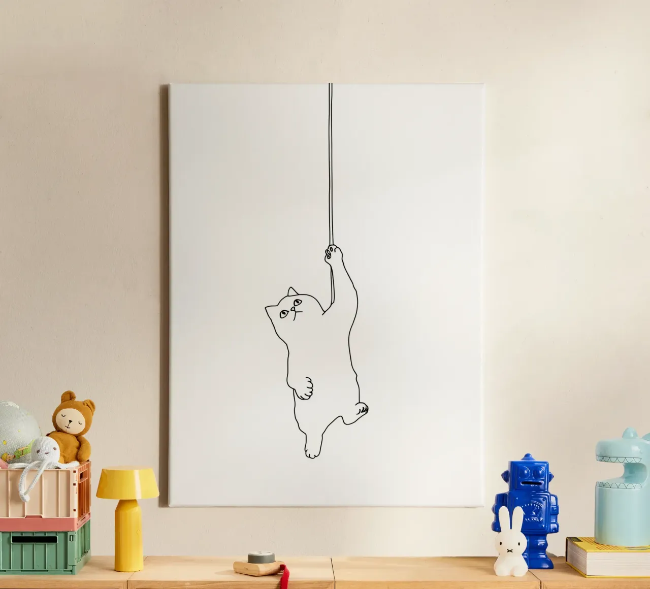 Minimalistische Strichzeichnung einer Katze, die an einer Schnur hängt | Moder Leinwand von Viv Line Art