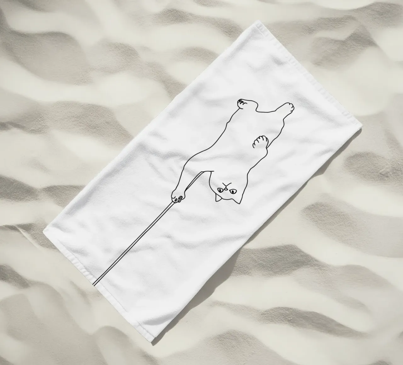 Minimalist Line Drawing of a Cat Hanging on a String | Moder beach towel by Viv Line Art