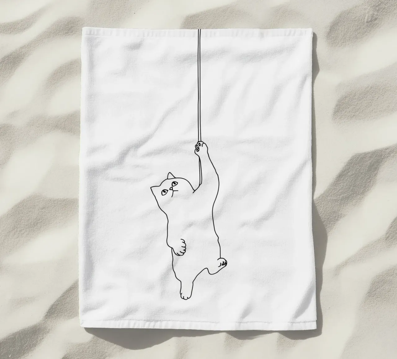 Minimalist Line Drawing of a Cat Hanging on a String | Moder beach towel by Viv Line Art