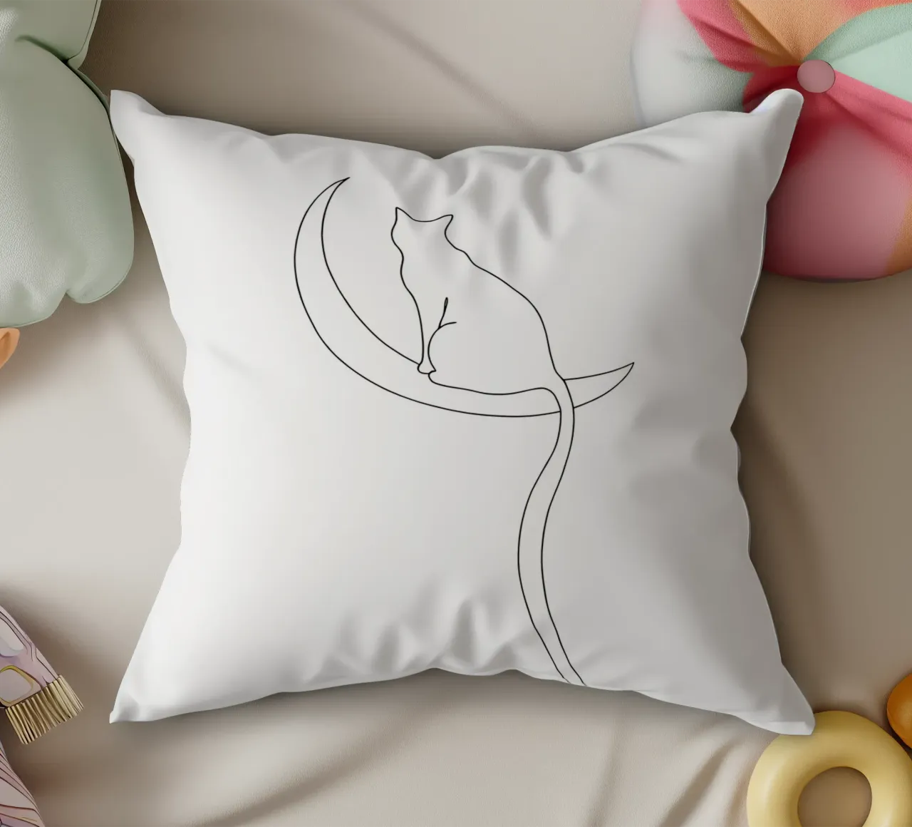 Minimalist Line Drawing of a Cat on the Moon | Modern Art decorative cushion by Viv Line Art