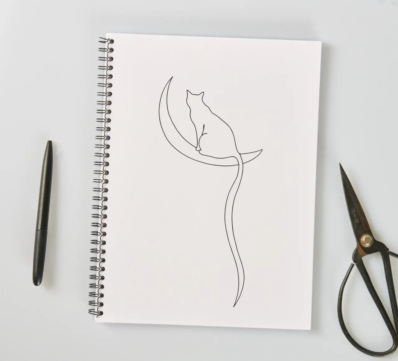 Minimalist Line Drawing of a Cat on the Moon | Modern Art spiral notebook by Viv Line Art