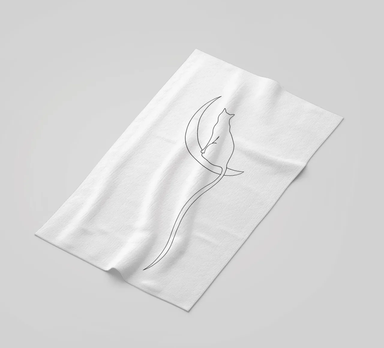 Minimalist Line Drawing of a Cat on the Moon | Modern Art beach towel by Viv Line Art