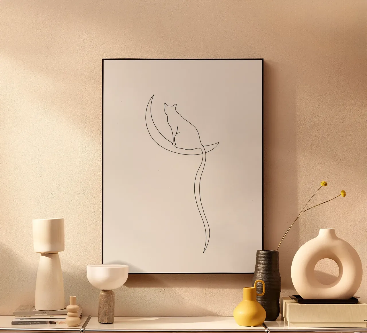 Minimalist Line Drawing of a Cat on the Moon | Modern Art acrylic glass by Viv Line Art