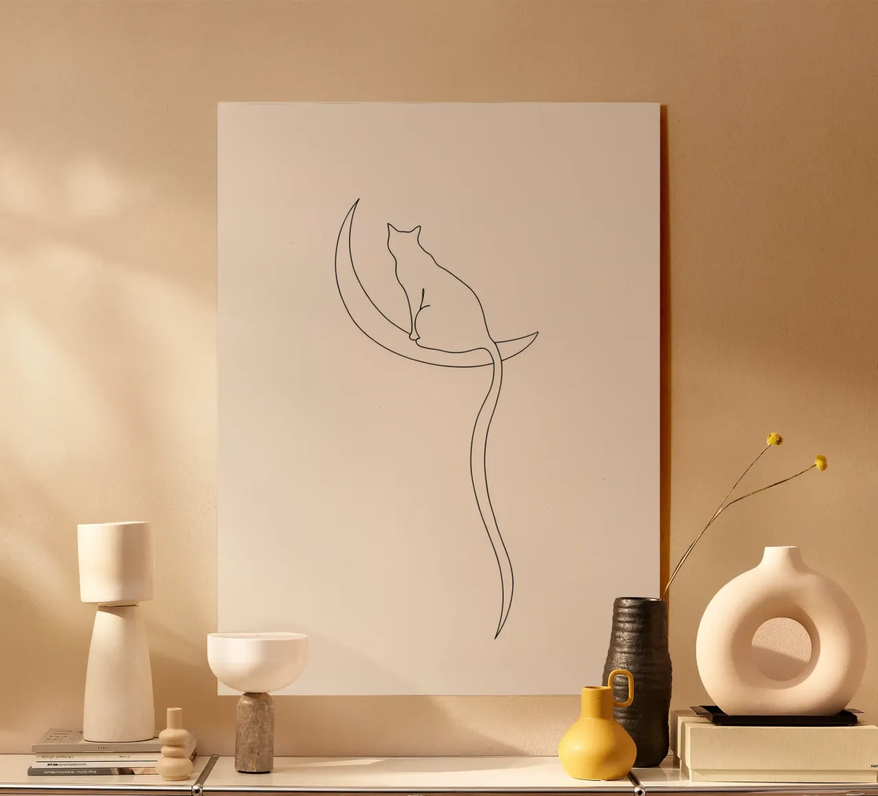 Minimalist Line Drawing of a Cat on the Moon | Modern Art acrylic glass by Viv Line Art