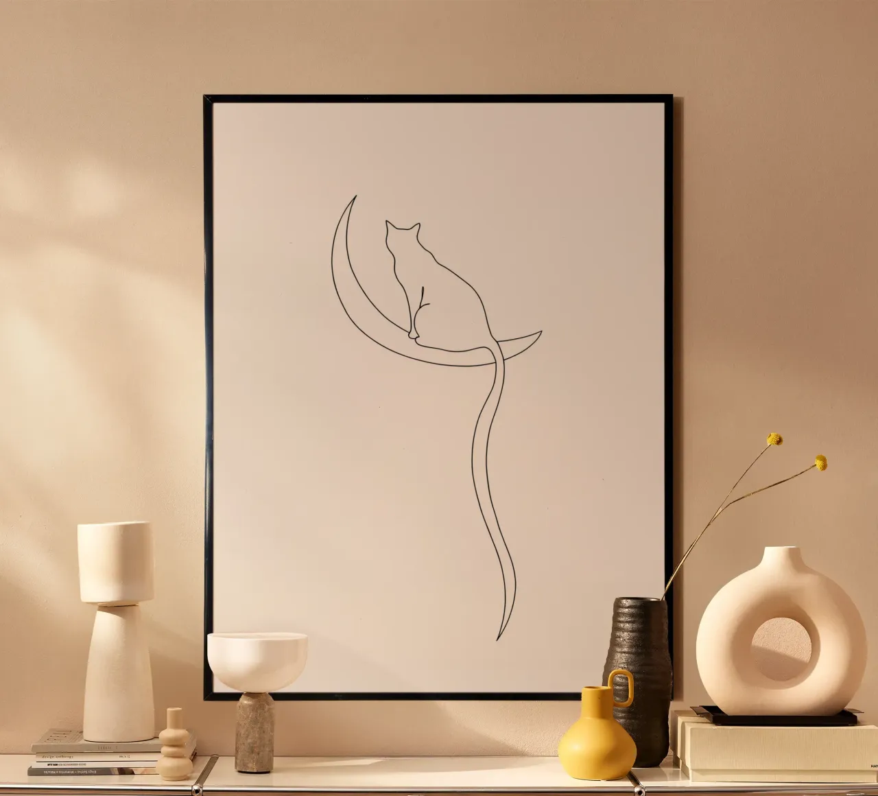 Minimalist Line Drawing of a Cat on the Moon | Modern Art hahnemühle by Viv Line Art