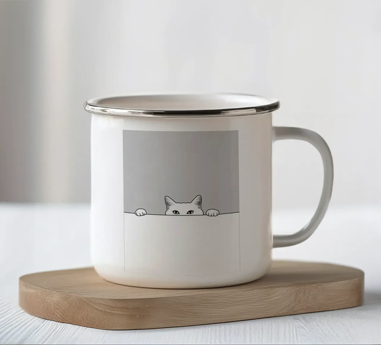 Disegno di linea minimalista di un gatto che fa capolino tazza in smalto da Viv Line Art