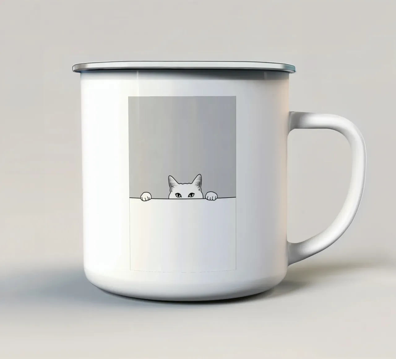 Disegno di linea minimalista di un gatto che fa capolino tazza in smalto da Viv Line Art