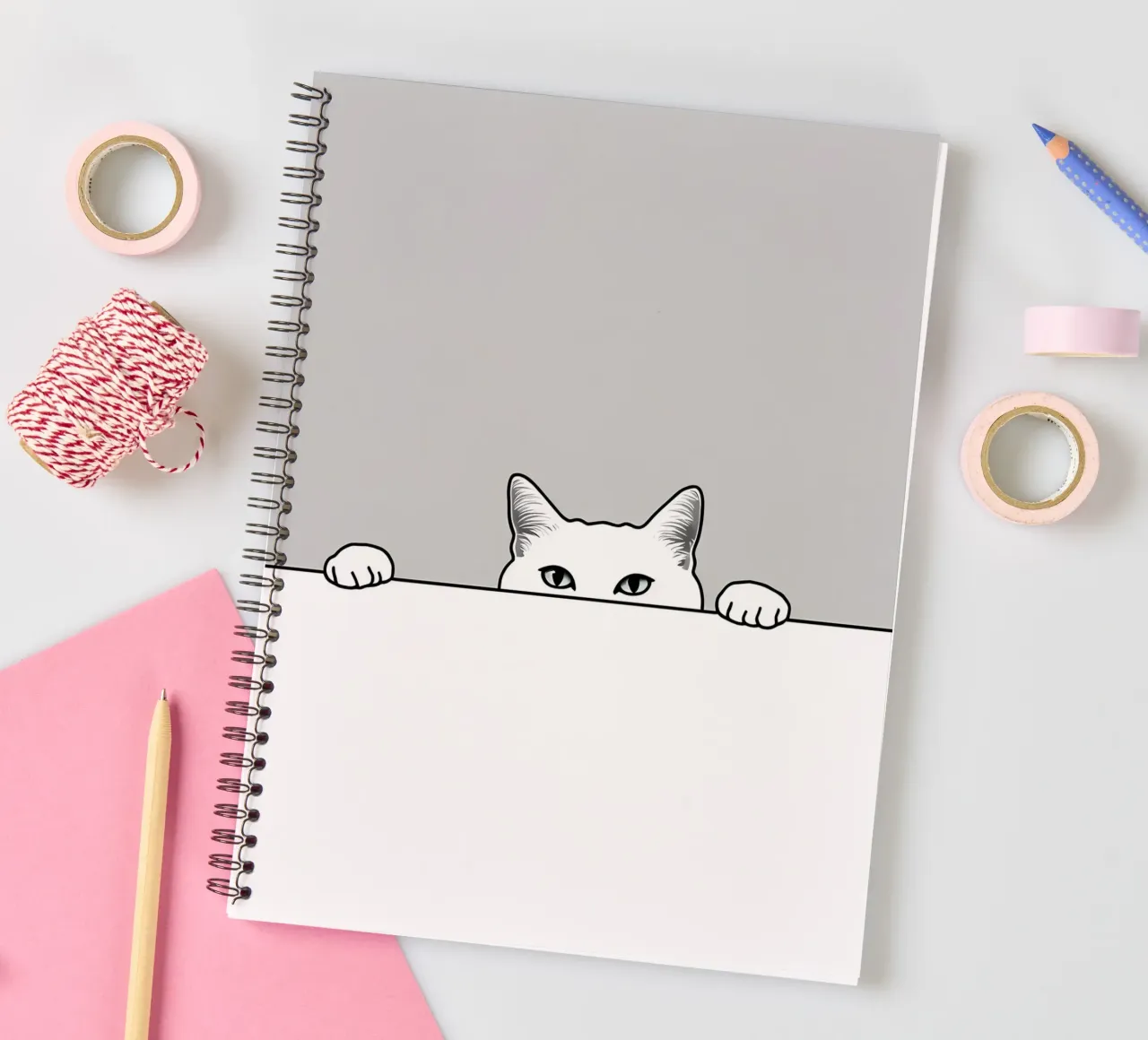 Minimalist Line Drawing of a Cat Peeking | Modern Abstract spiral notebook by Viv Line Art