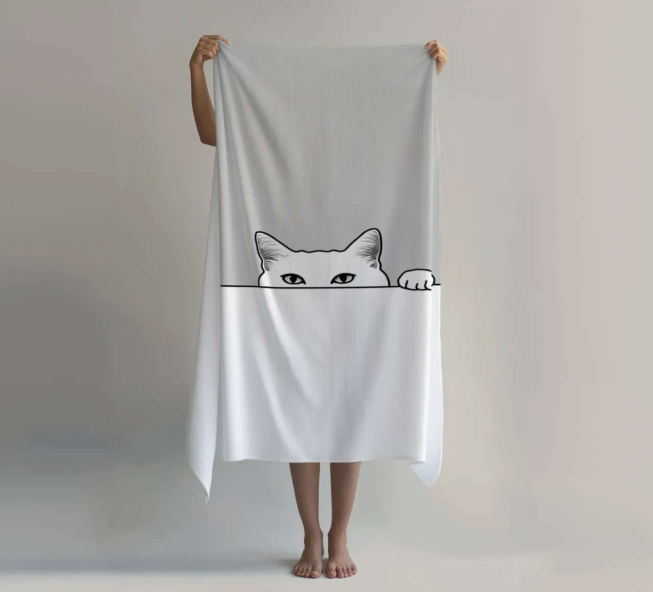 Minimalist Line Drawing of a Cat Peeking | Modern Abstract beach towel by Viv Line Art